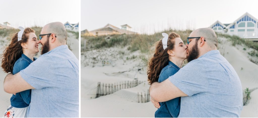 Couple kissing in Corolla, NC beach engagement portraits