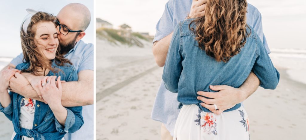Couple embracing each other on the beach in Corolla, NC for beach engagement portraits