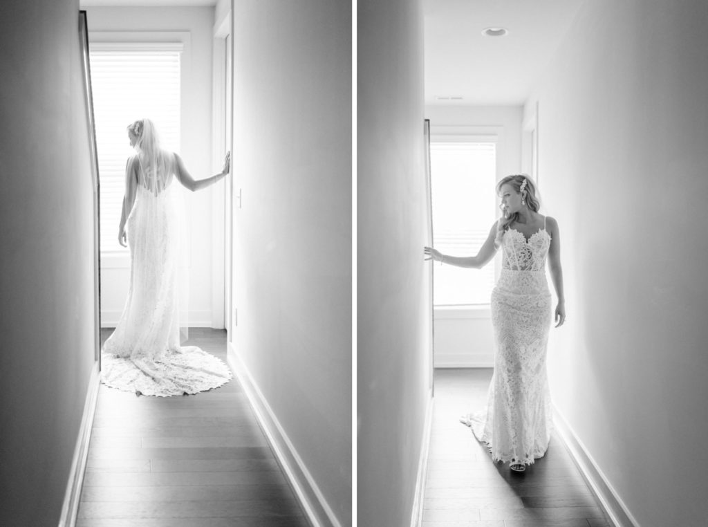 Solo black and white photos of bride in her wedding dress att downtown charlotte wedding