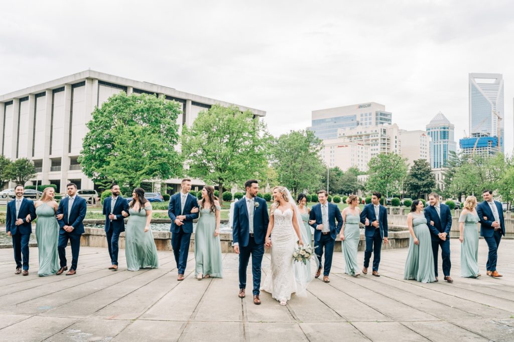 Bride, groom and bridal party outside in Charlotte