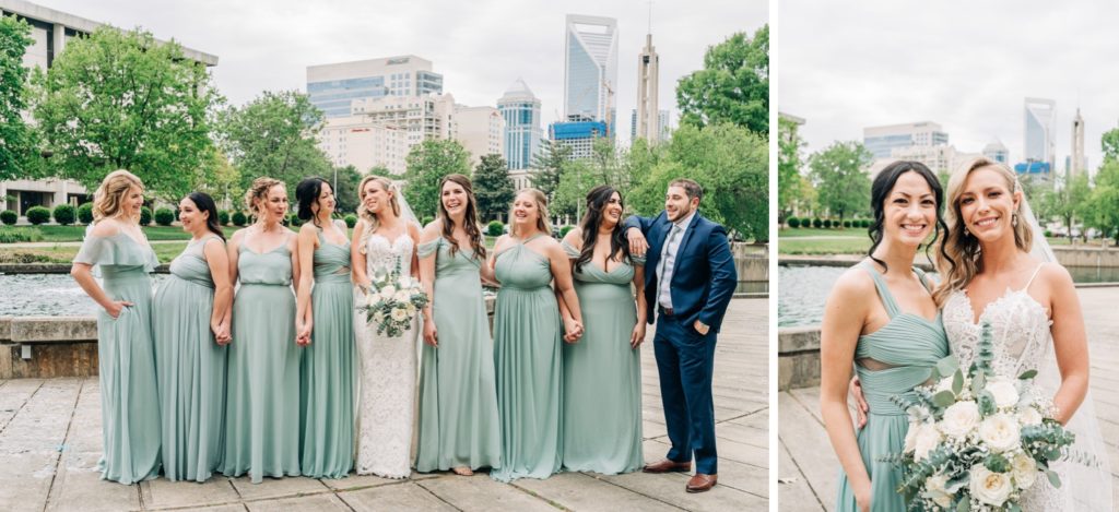 Bride with her bridesmaids in downtown charlotte