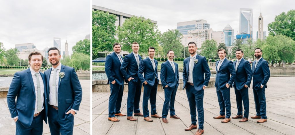 Groom and groomsmen outside posing for photos