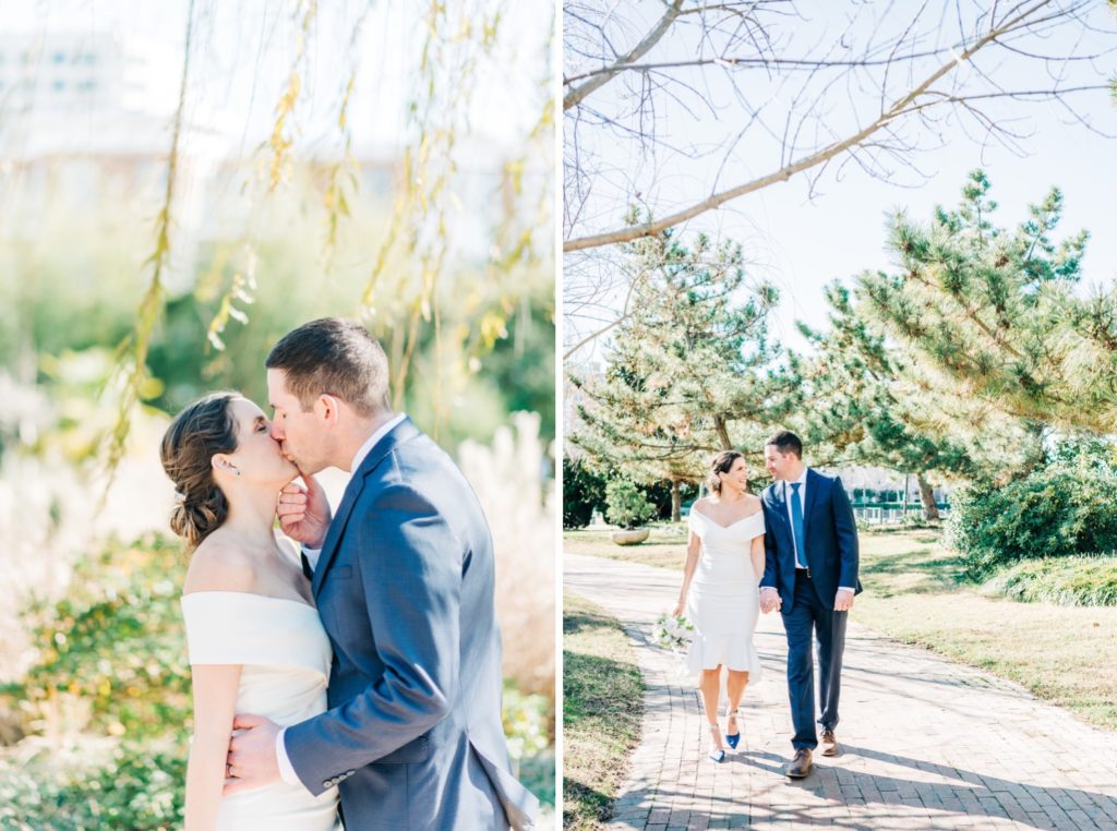 Bride and groom kissing and walking hand in hand after elopement ceremony