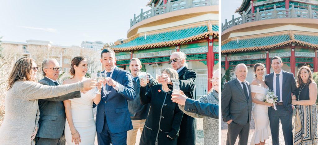Bride and groom with close family having a champagne toast after ceremony