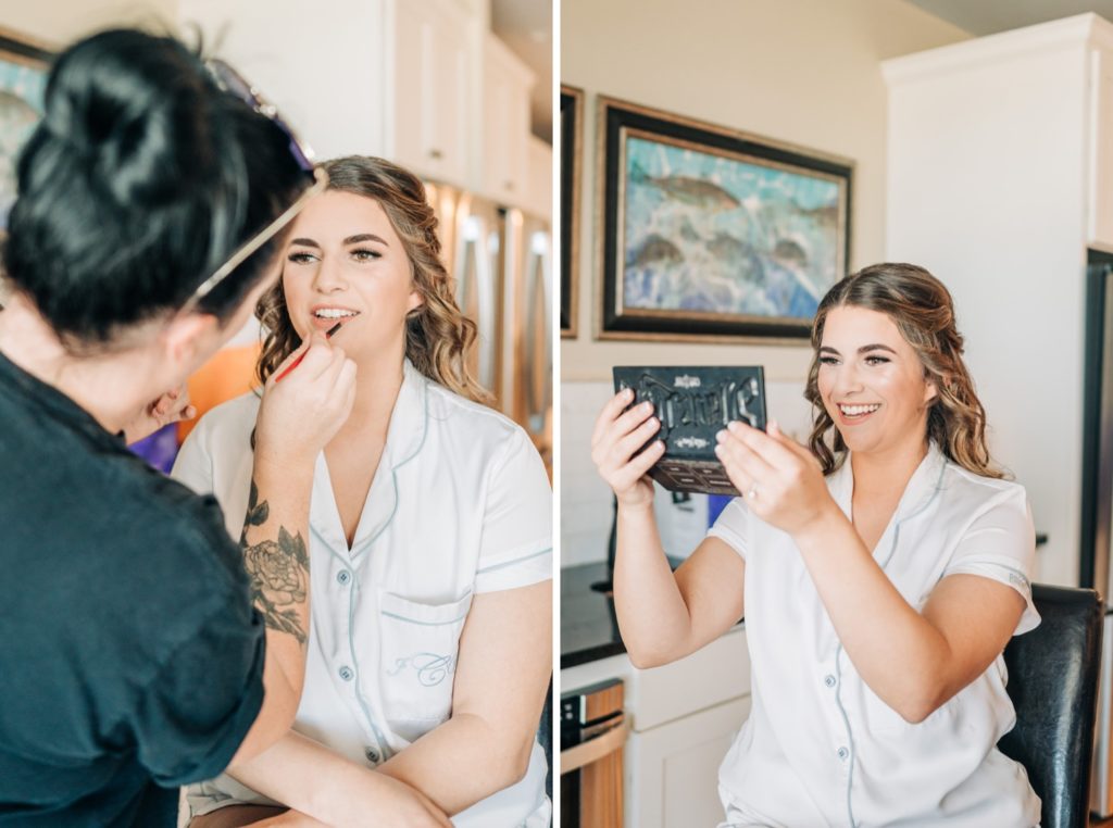 Bride getting her hair and makeup done for wedding