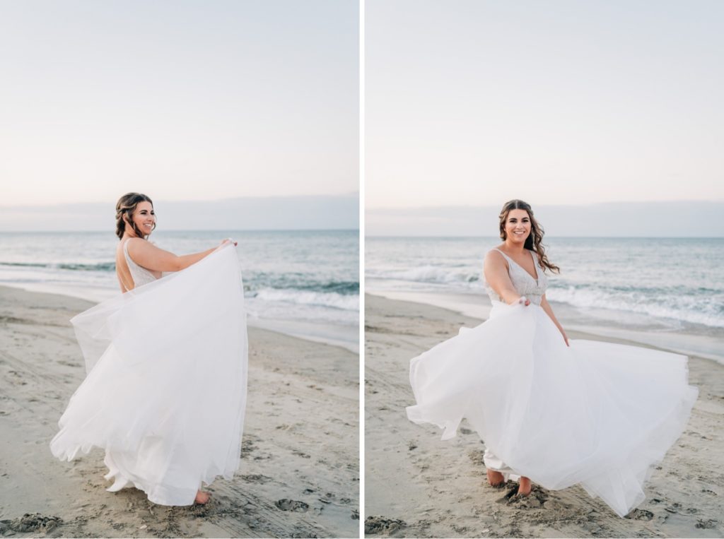 Bride twirling in her wedding dress on teh beach in Outer Banks, NC