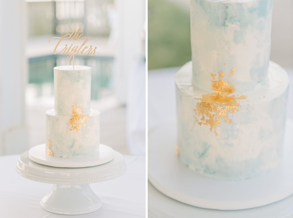 White, blue and gold cake at Outer Banks Wedding