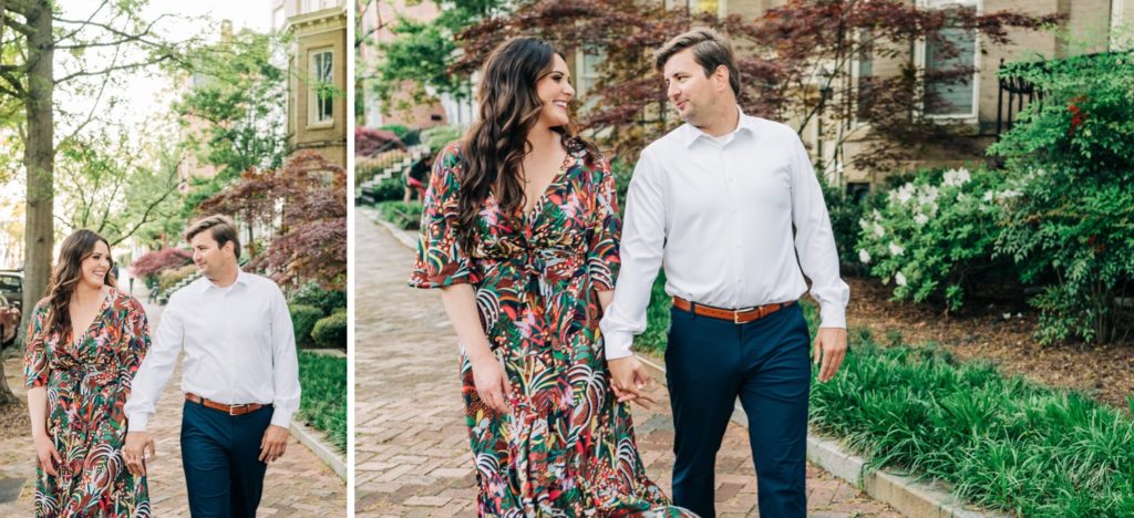 Couple walking hand in hand for engagement photos