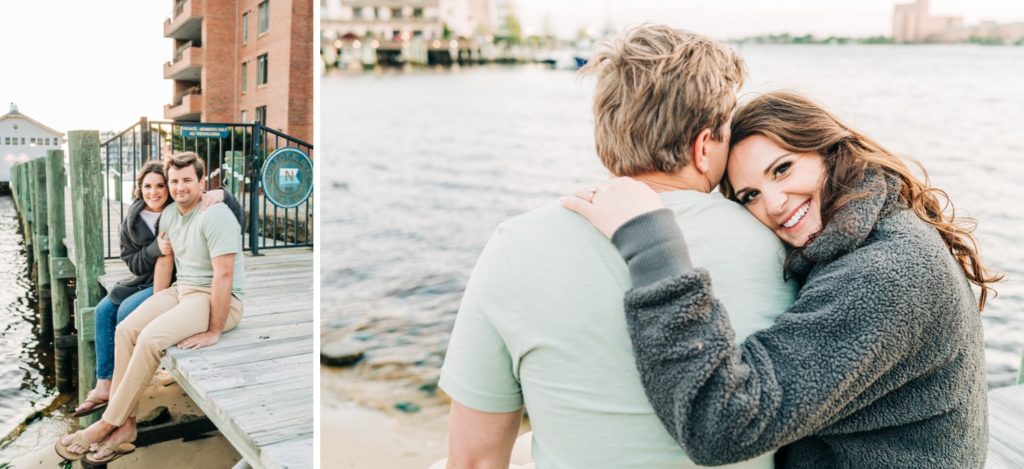 Couple embracing by the water for their Virginia Beach engagement portraits