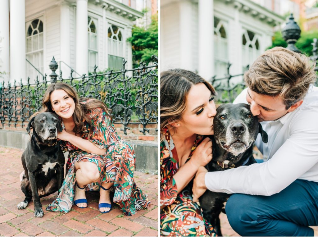 Couple posing with their dog for their Virginia Beach engagement portraits