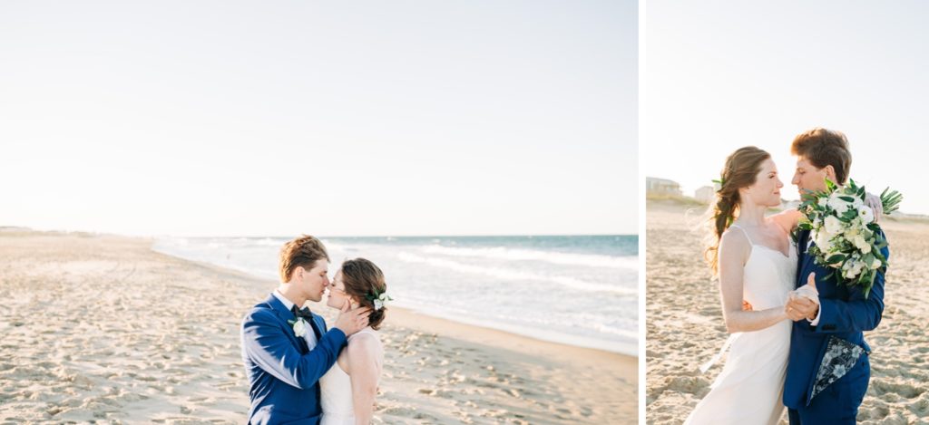 Couple embracing on teh beach after their elopement