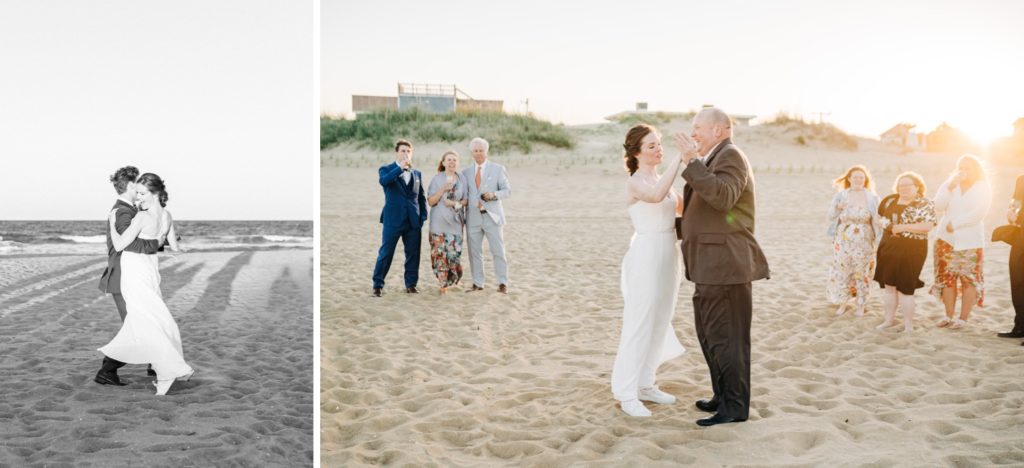 Bride and groom and bride dancing with her dad after Virginia Beach elopement