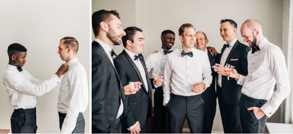 Groom laughing with groomsmen before Hermitage Museum Wedding in Norfolk VA