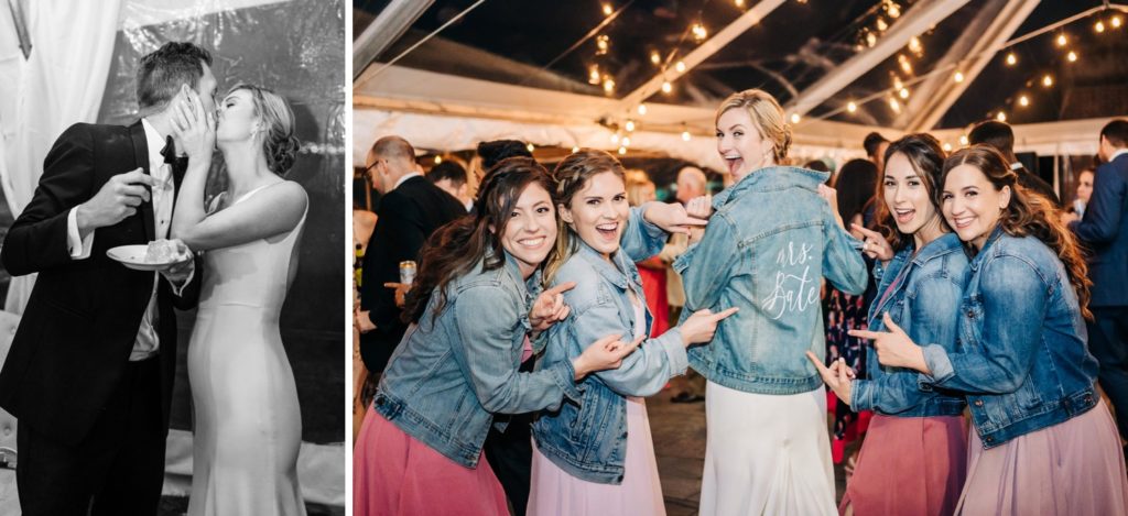 Bridesmaids all wearing jean jackets with th bride at wedding reception