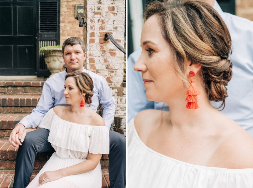 Couple sitting together for engagement portraits