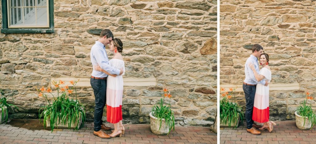 Couple embracing for engagement pictures
