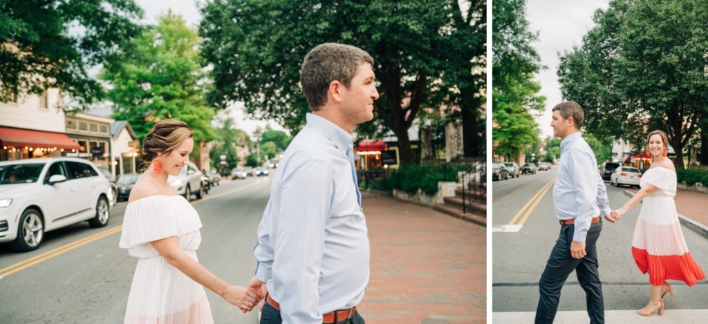 Couple crossing the street for their Middleburg VA Engagement Portraits