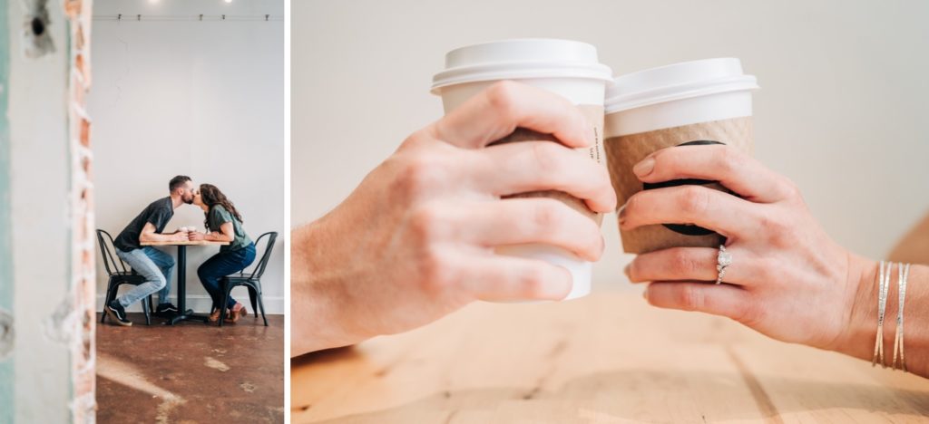 Couple sharing coffee in Norfolk VA coffee shop for engagement pictures