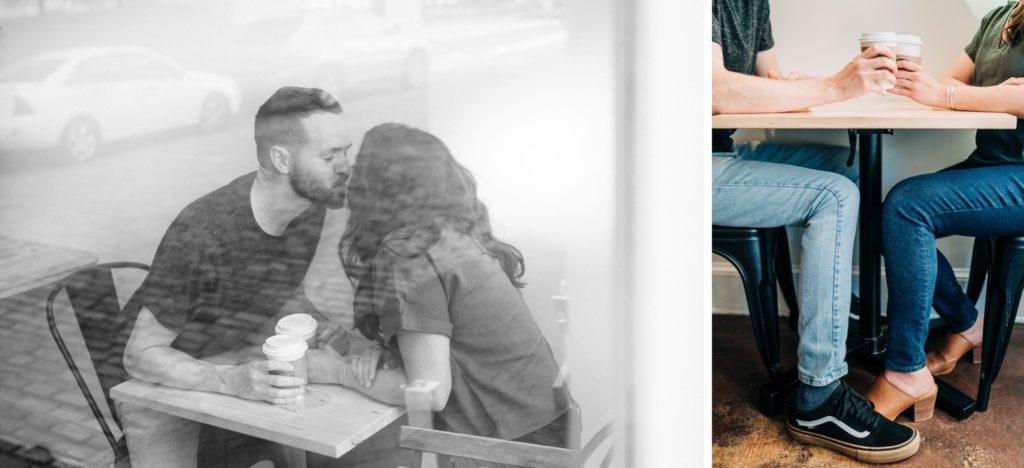 Couple sitting at table in coffee shop for Norfolk VA engagement portraits