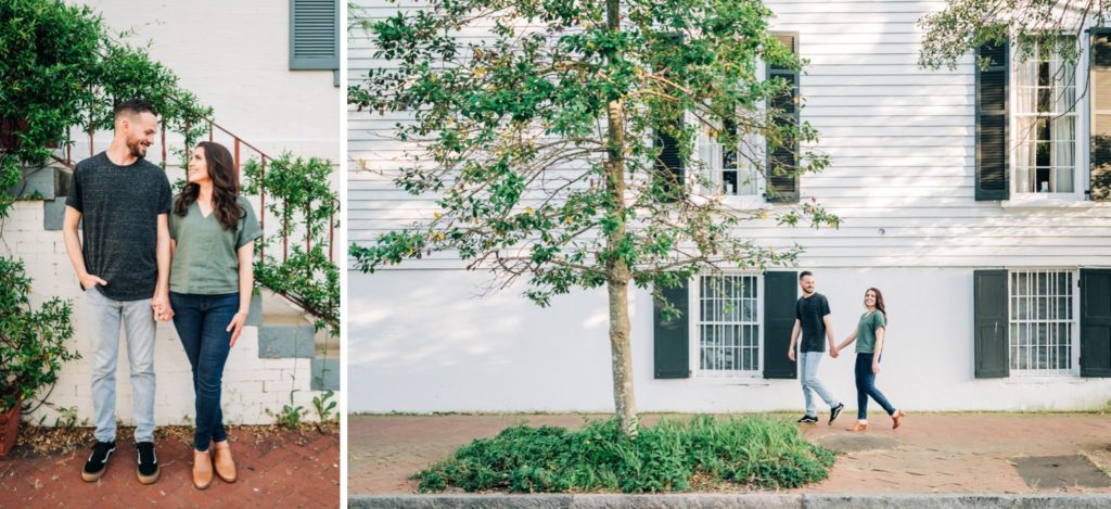 Couple in front of white brick house for Norfolk VA engagement portraits