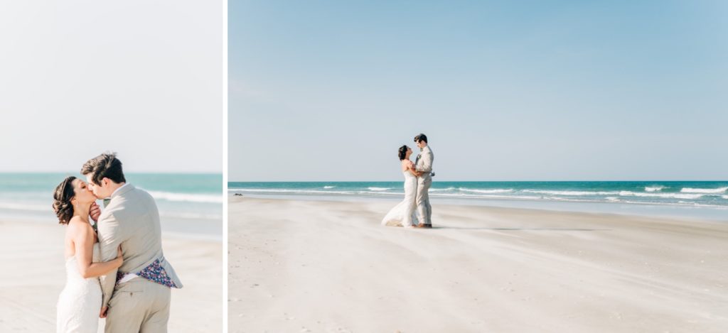 Bride and groom embracing on the beach after their wedding ceremony