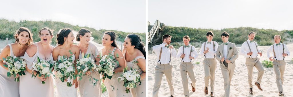 Bridesmaids and groomsmen with bride and groom on the beach in Duck NC