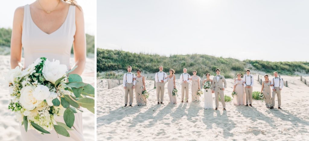 Full bridal party posing on Duck NC beach after ceremony