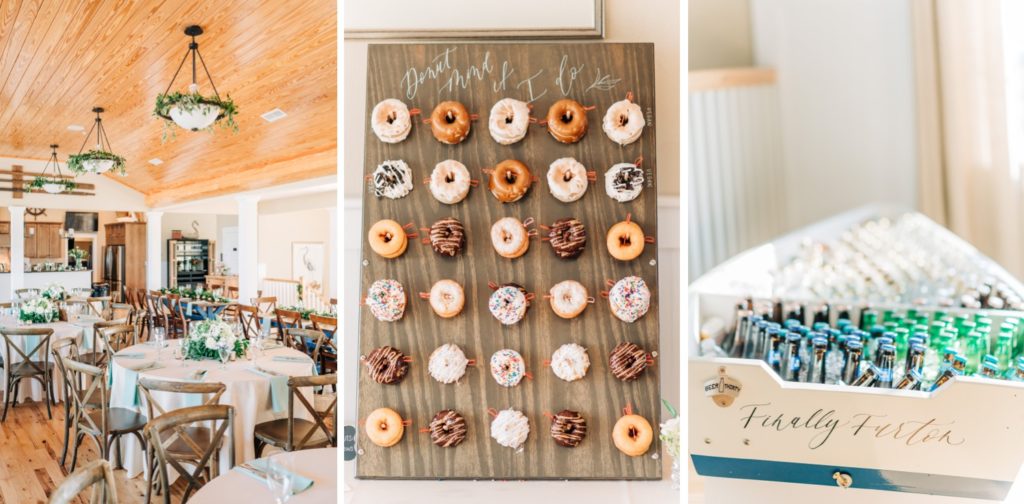 Donut wall inside reception hall at Pine Island Lodge wedding in Duck, NC