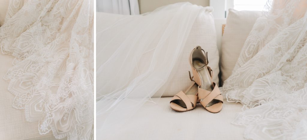 Bride's dress and shoees for Duck, NC wedding at Pine Island Logde