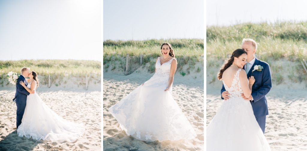 Bride and groom embracing on beach during bridal portraits