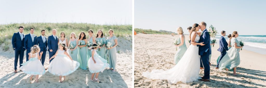 Bride and groom with their bridal party on the beach in Duck NC