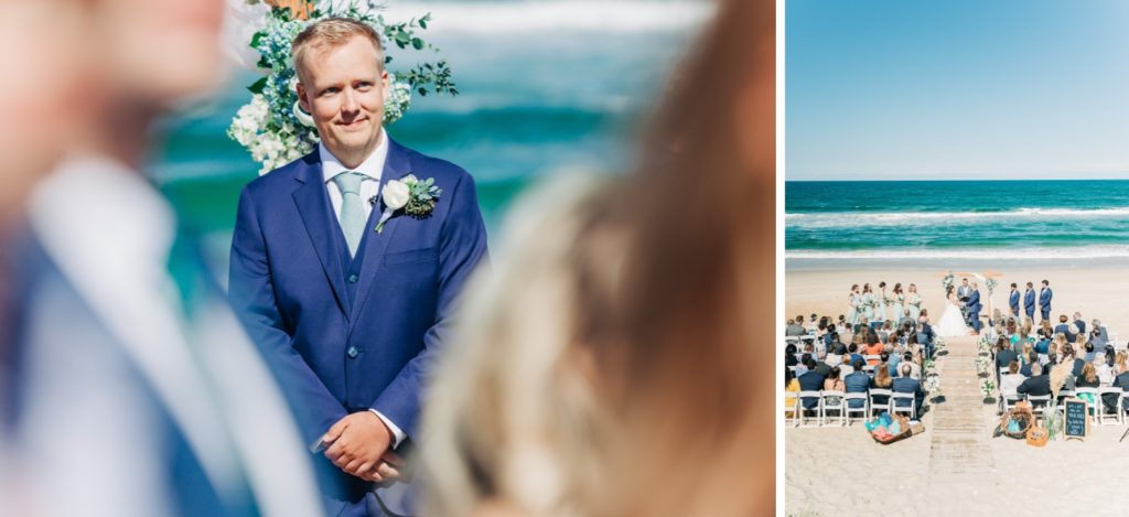 Groom standing at the altar on the beach watching the bride walk down the aisle