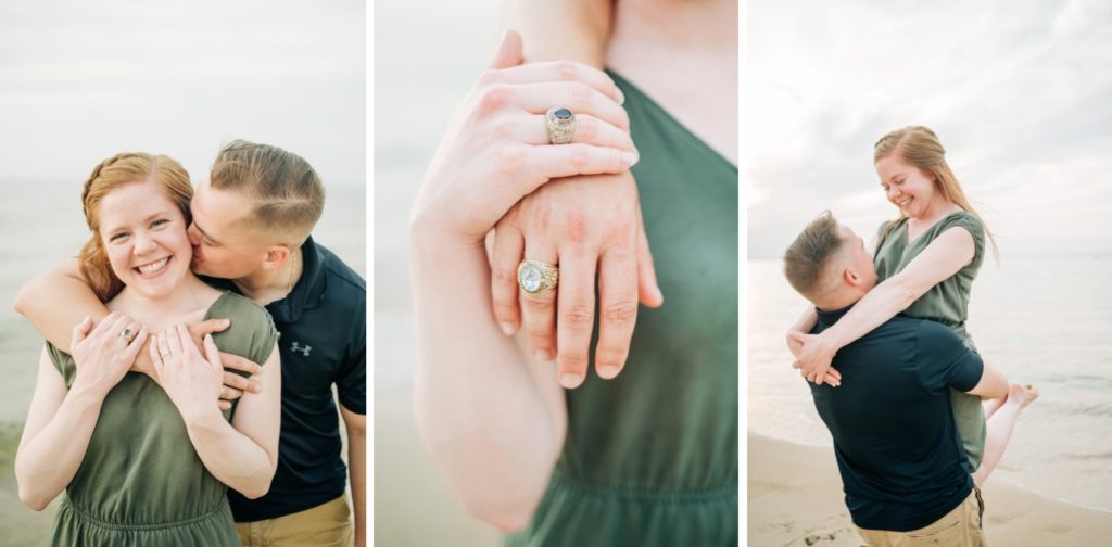 COuple embracing and laughing on the beach for their engagement photos in Virginia Beach