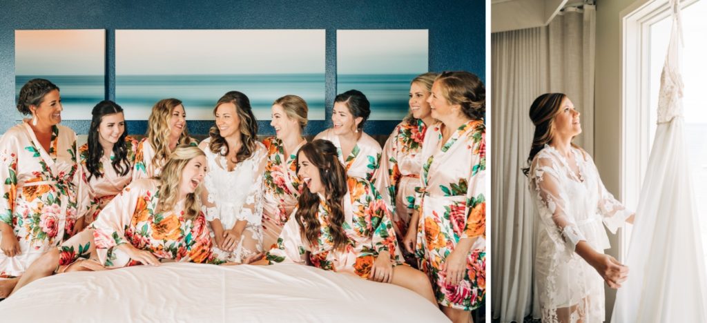 bride and her bridesmaids in robes before the wedding