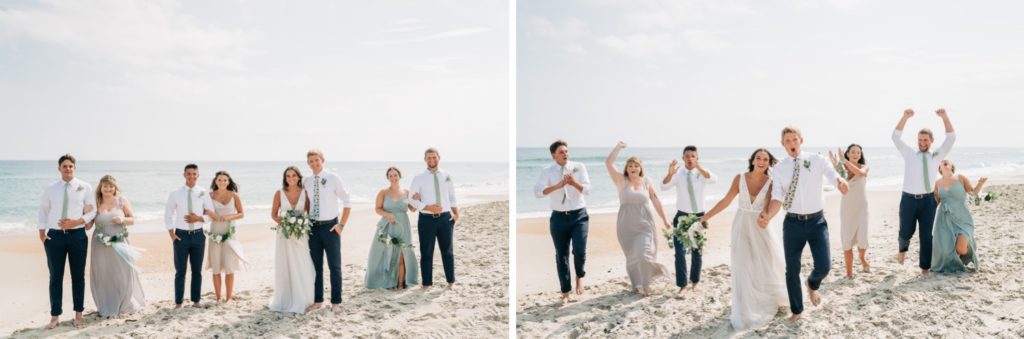 Bridal party posing with bride and groom on the beach in OBX