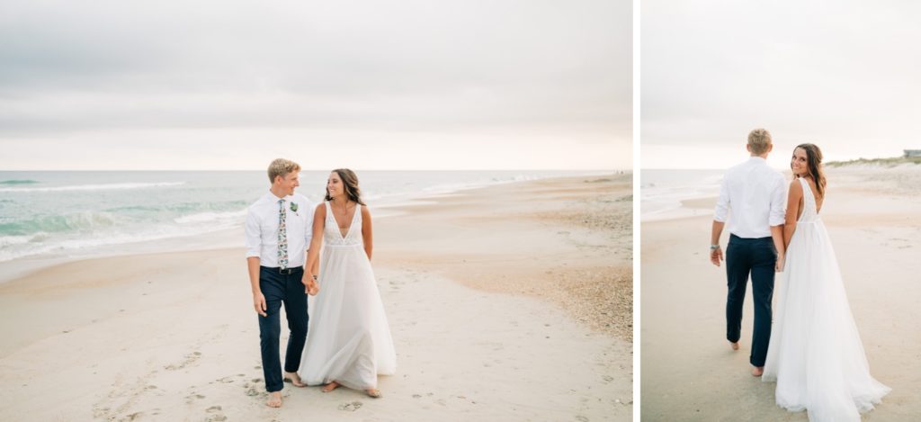 Bride and groom walking hand in hand down beach at Hatteras OBX wedding