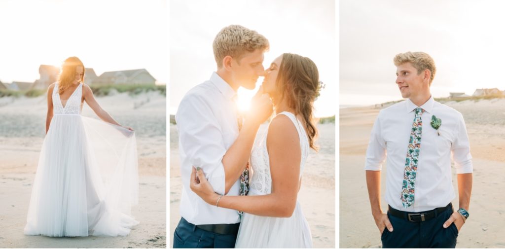 Bride and groom portraits at sunset in OBX