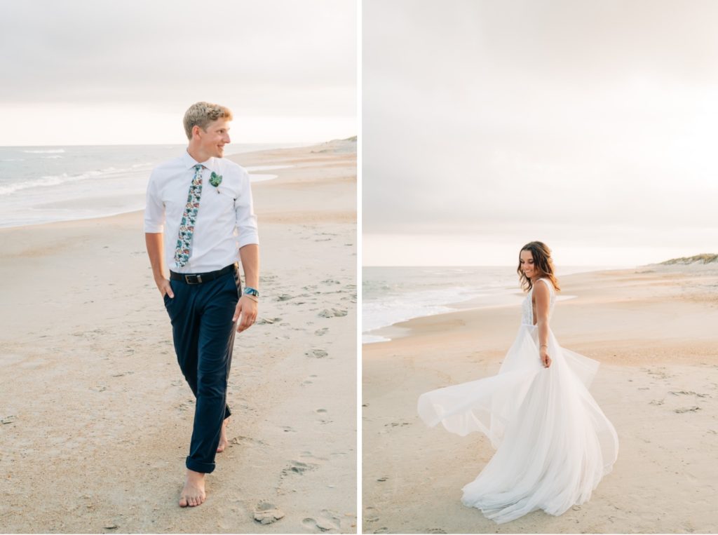 Bride and groom posing on beach