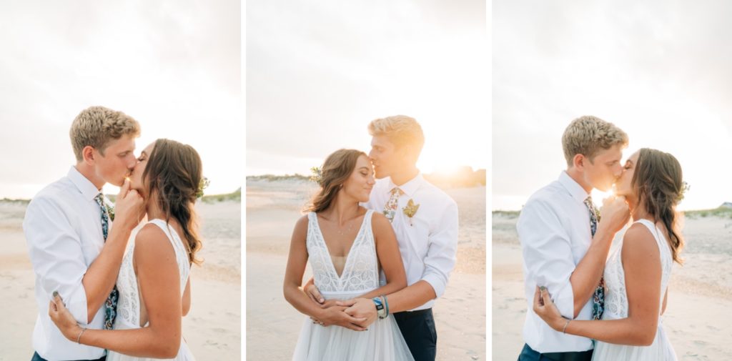 Bride and groom embracing at sunset
