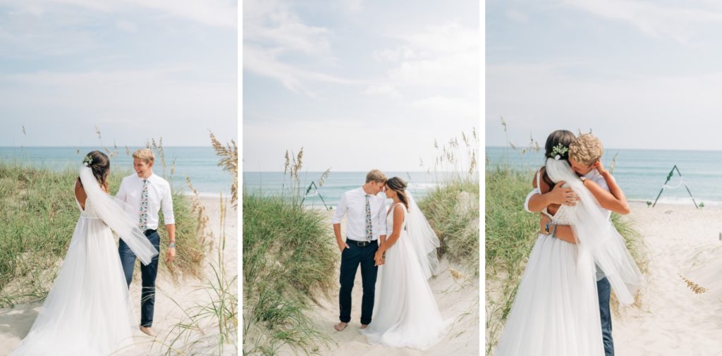 Bride and groom embracing on the sand at Hatteras OBX wedding