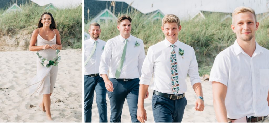 Groom and groomsmen walking on the beach to ceremony