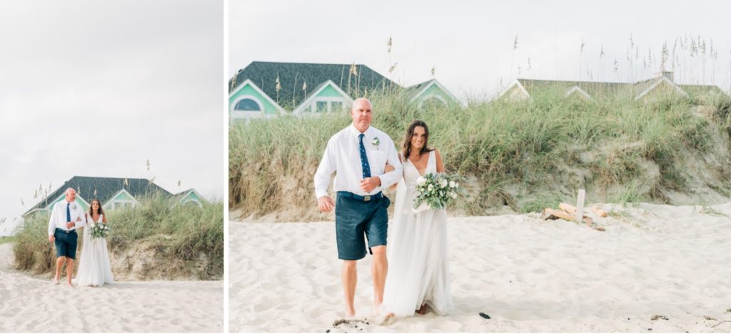 Bride walking on the beach down the aisle with her father