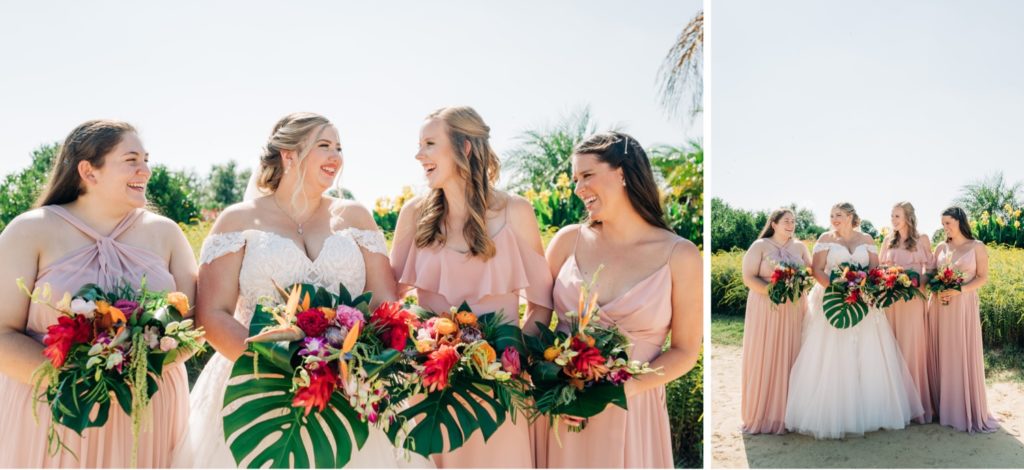 bride and bridesmaids with tropical flowers