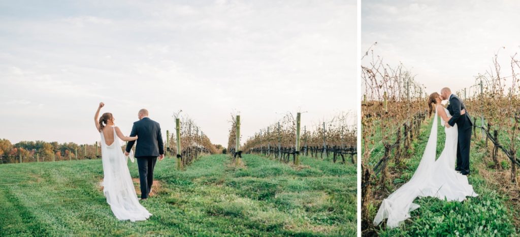Bride and groom in vines at Early Mountain Vineyards