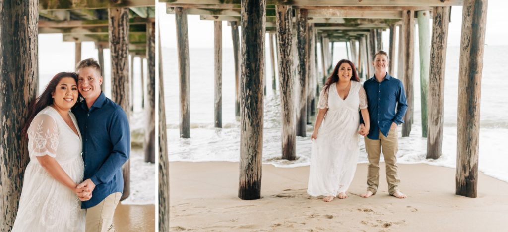 couple under pier for Virginia Beach Engagement Portraits