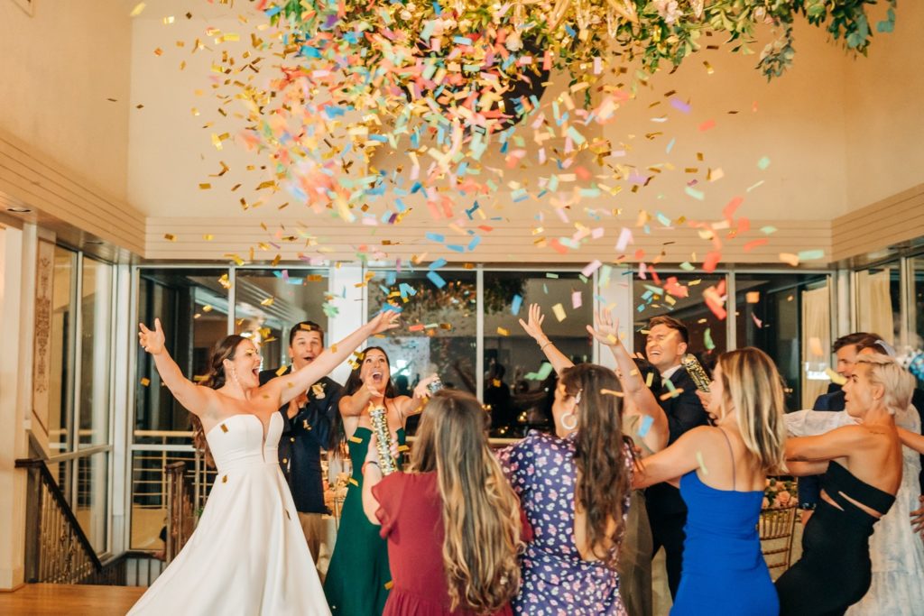 confetti flying at a wedding reception