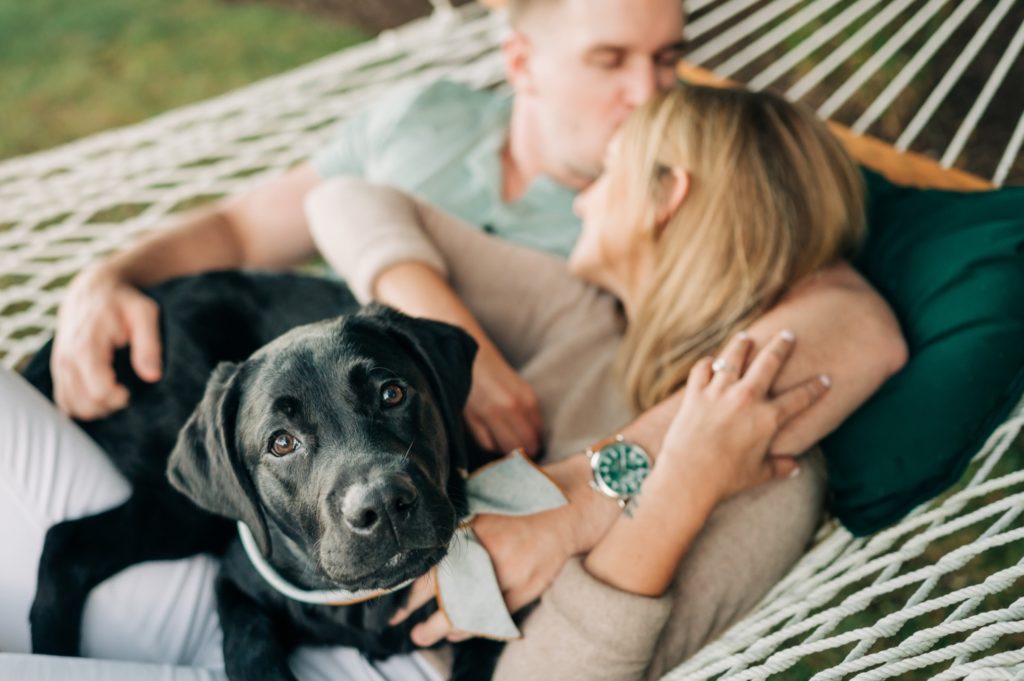 a couple snuggling in a hammock with black lab puppy on lake anna