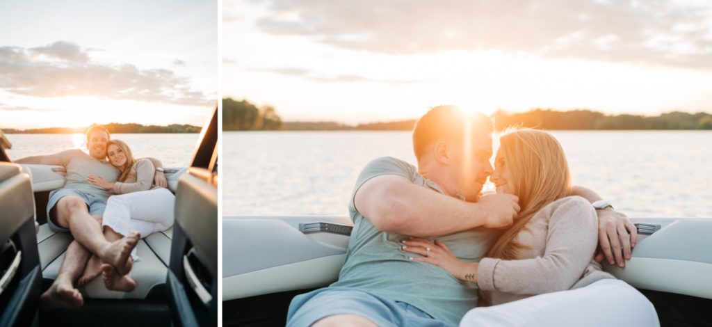 a couple snuggling on sunset boat ride on lake anna