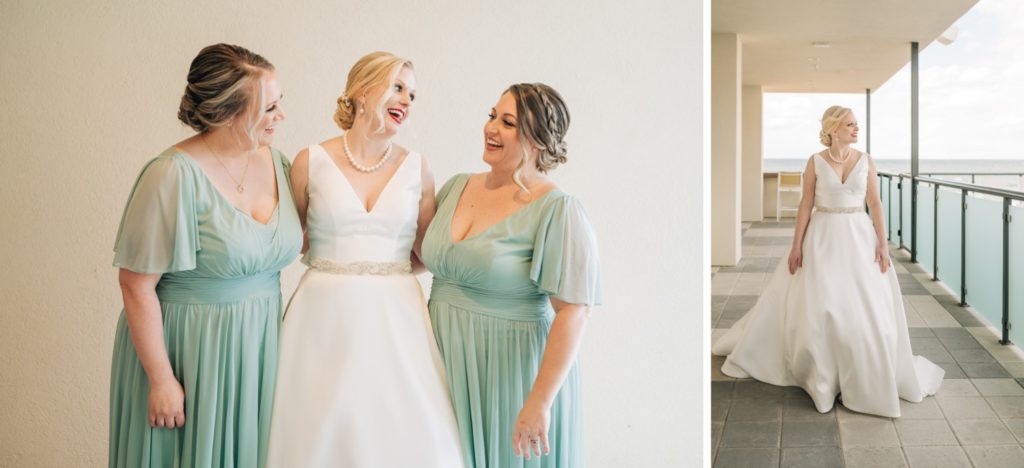 Bride and bridesmaids laughing