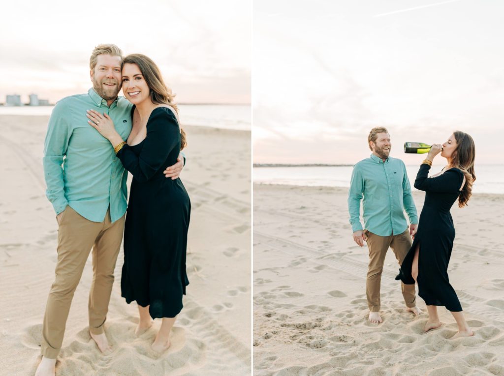 couple drinking champagne as they celebrate their oceanfront engagement portraits 